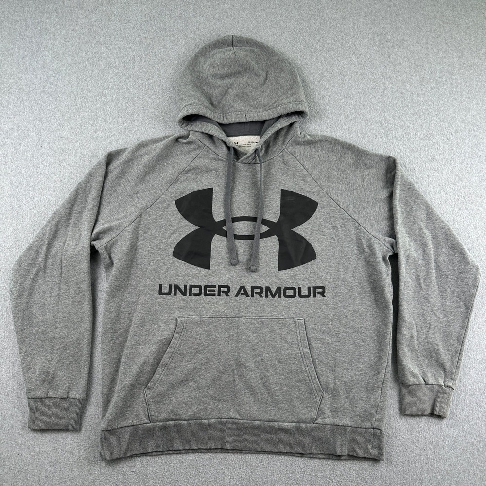 Under Armour Hoodie Mens XL Gray Big Logo Rival‎ Fleece Pullover Raglan Sleeve